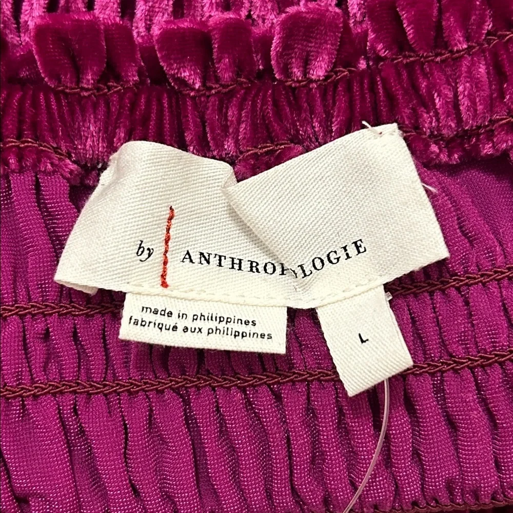 Anthropologie Velvet Smocked Puff Sleeve Peasant Top In Pink/Rose NWT Size Large